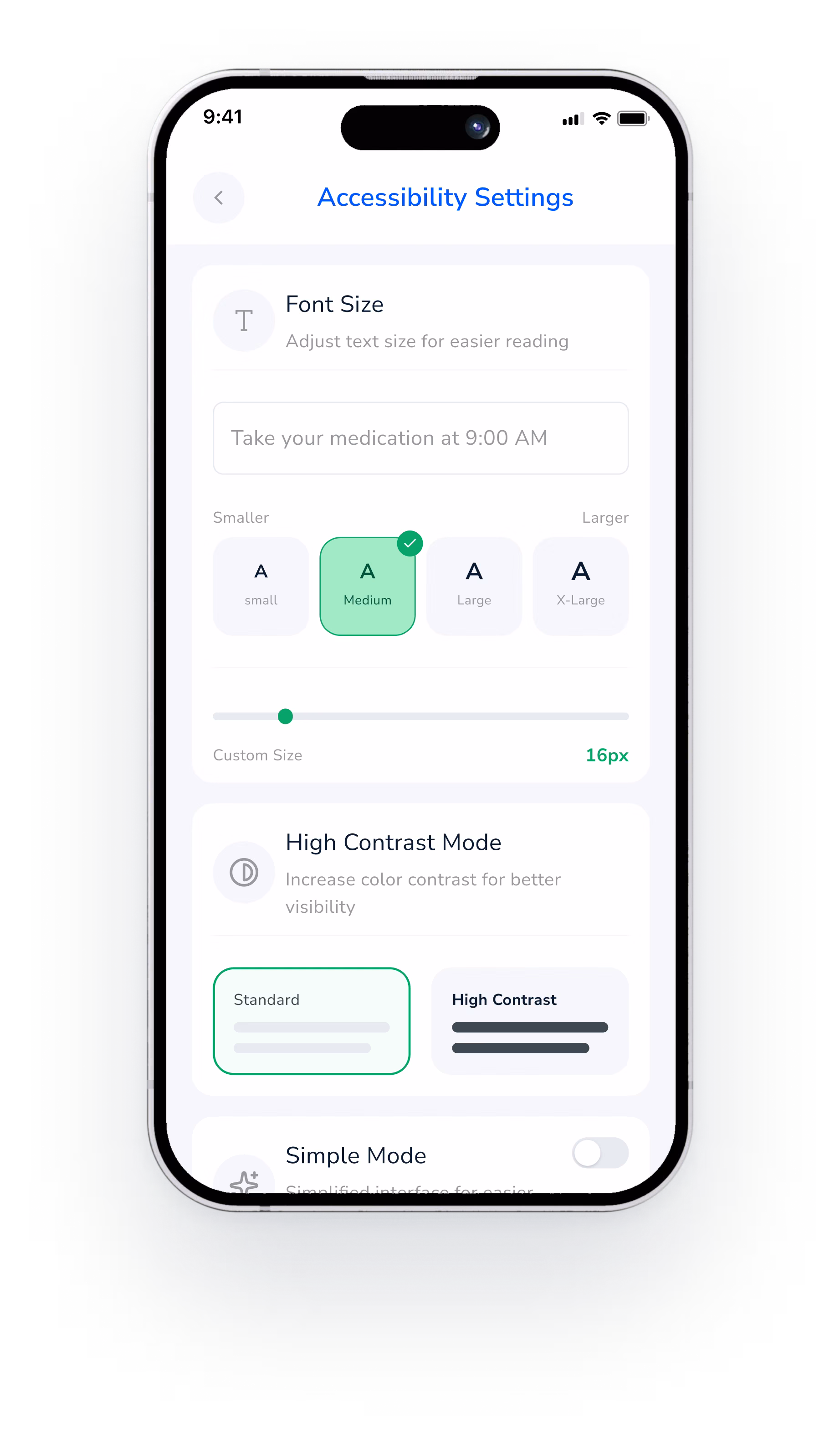 Accessibility Settings screen with font size options from small to extra large
