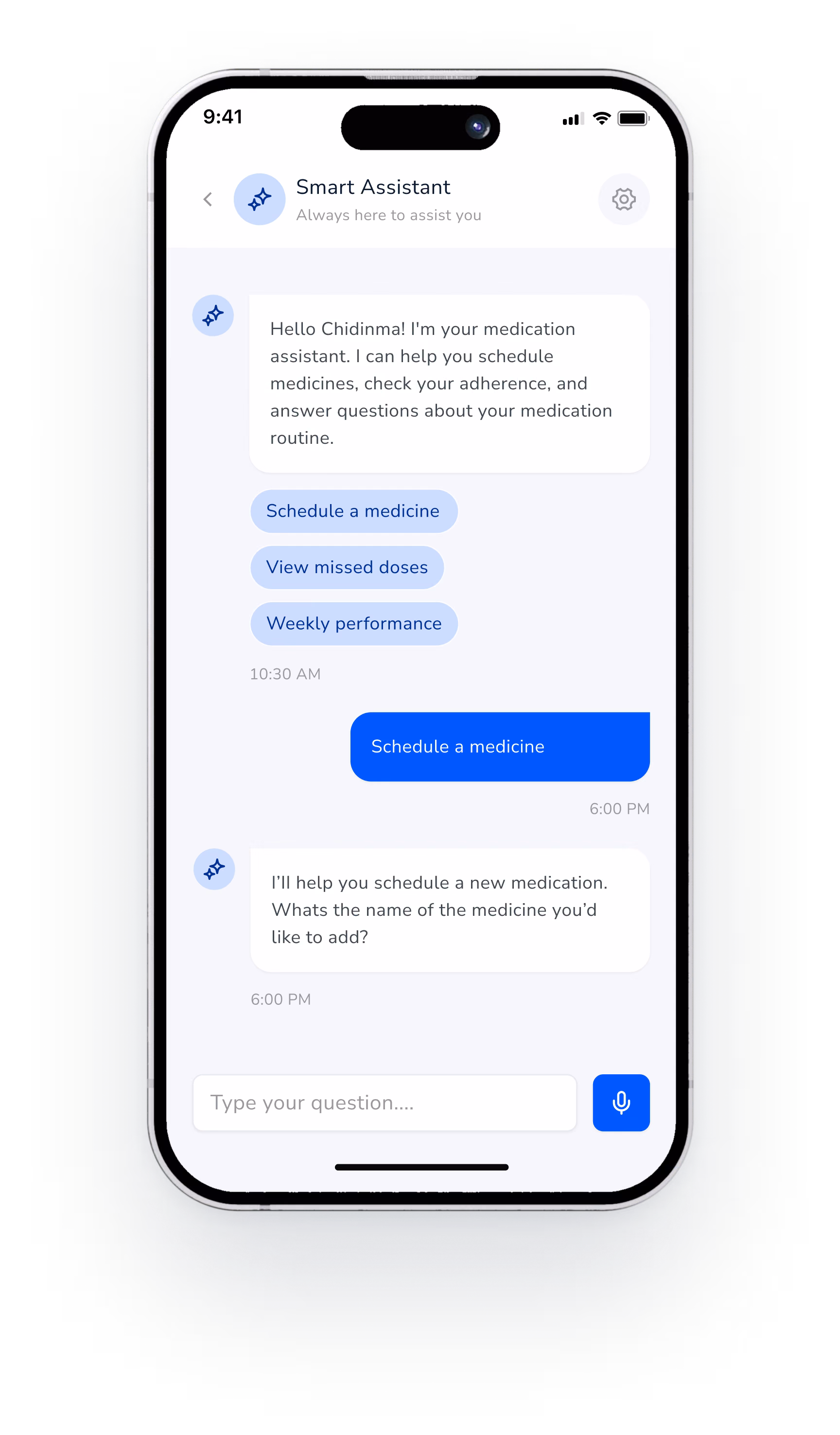 Smart Assistant chat with suggested actions and a message field