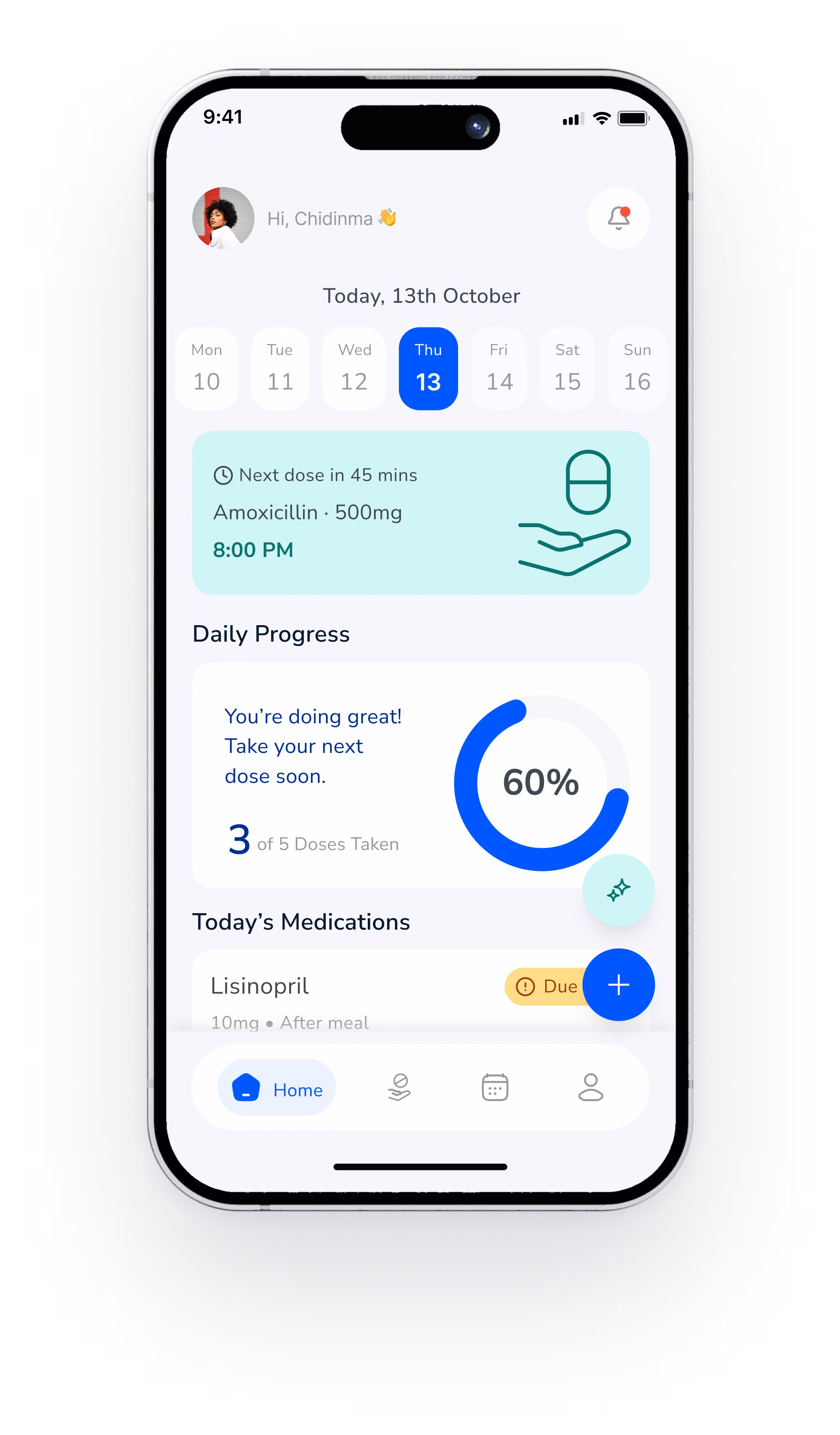 Pill Pal home screen showing the next dose, daily progress and today's medications