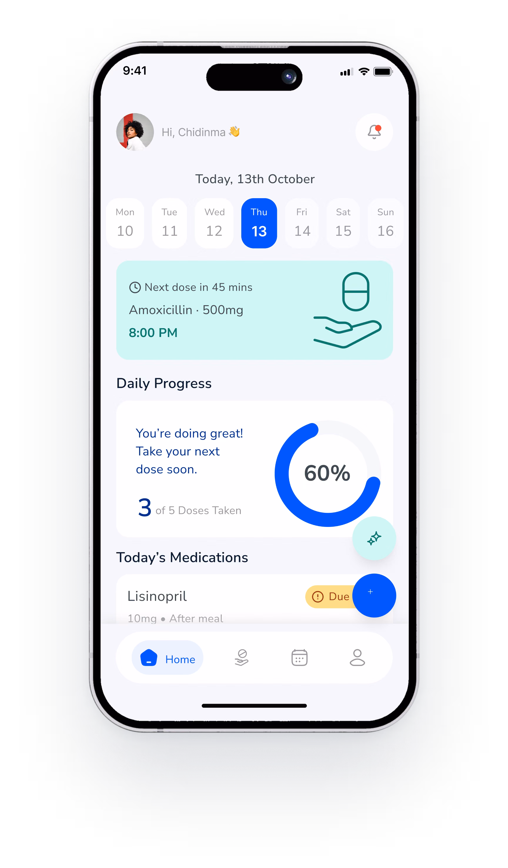 Home screen with the next dose, daily progress and today's medications