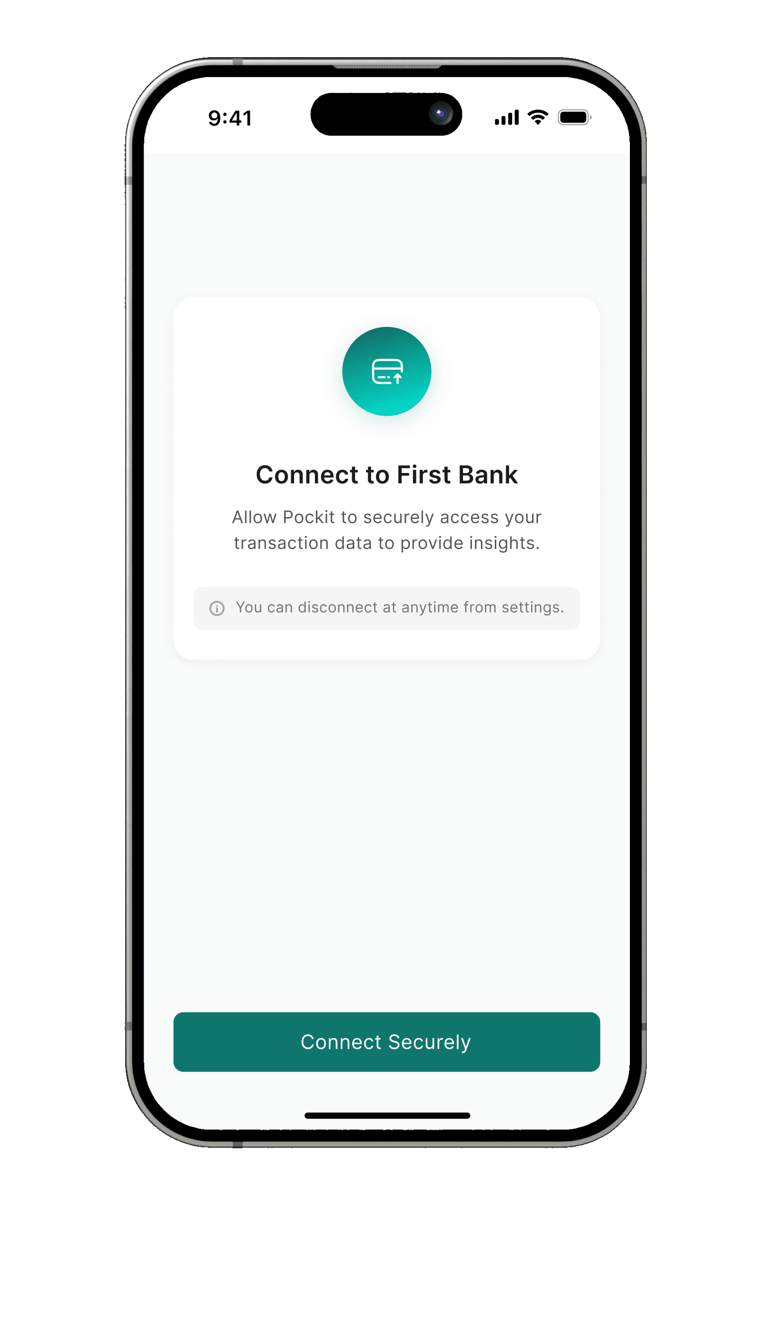 Connect to First Bank screen with a Connect Securely button