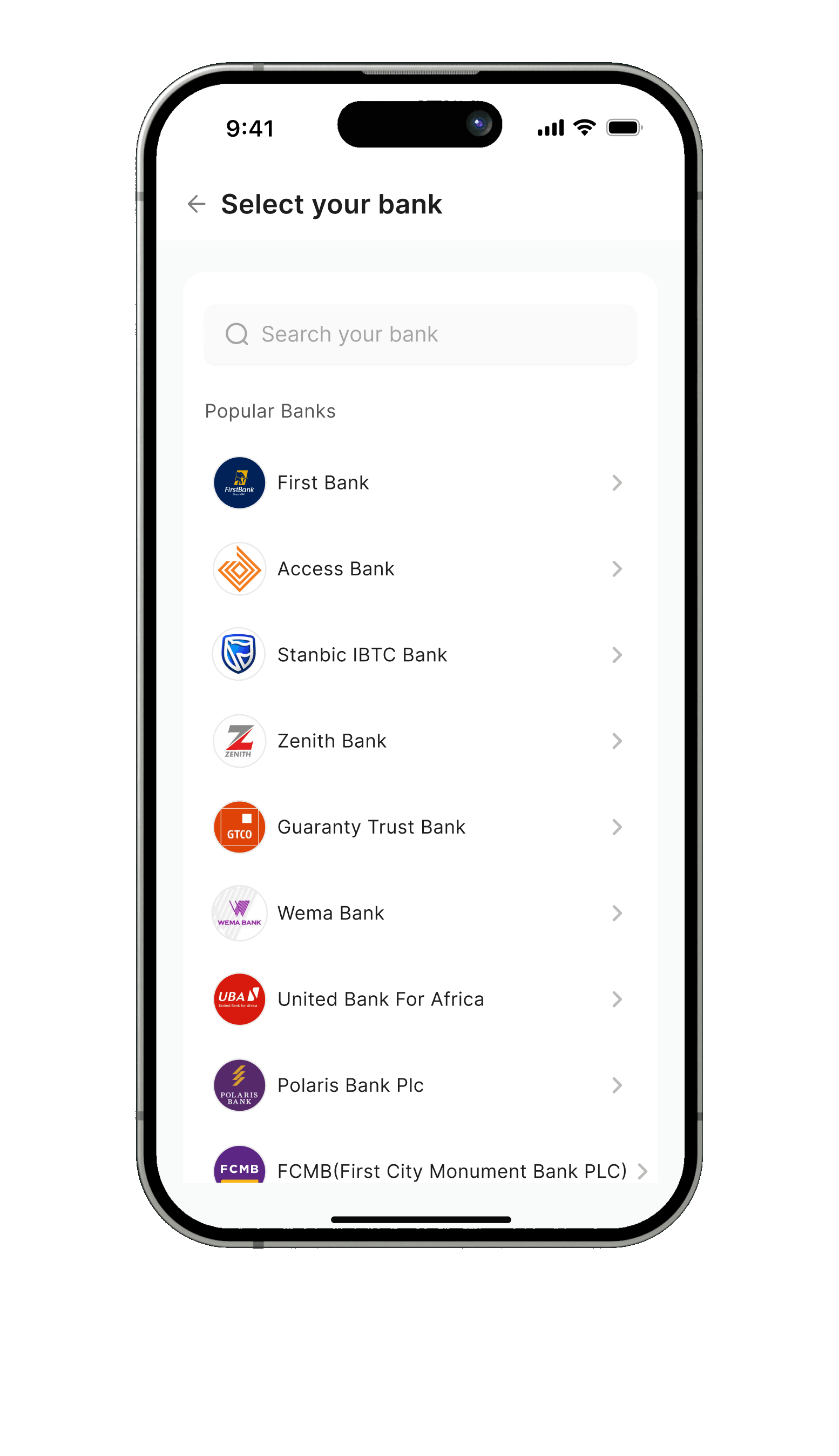 Select your bank screen with a list of popular Nigerian banks