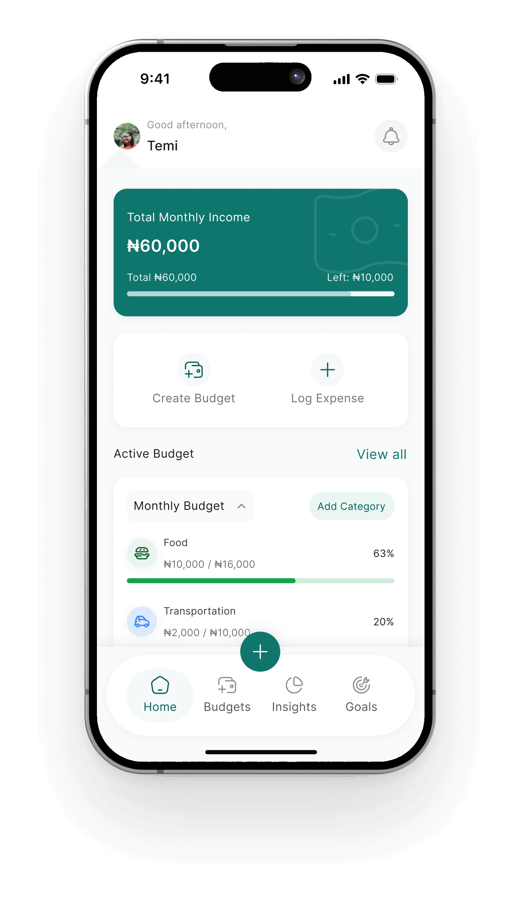 Pockit home screen with total monthly income and active budgets
