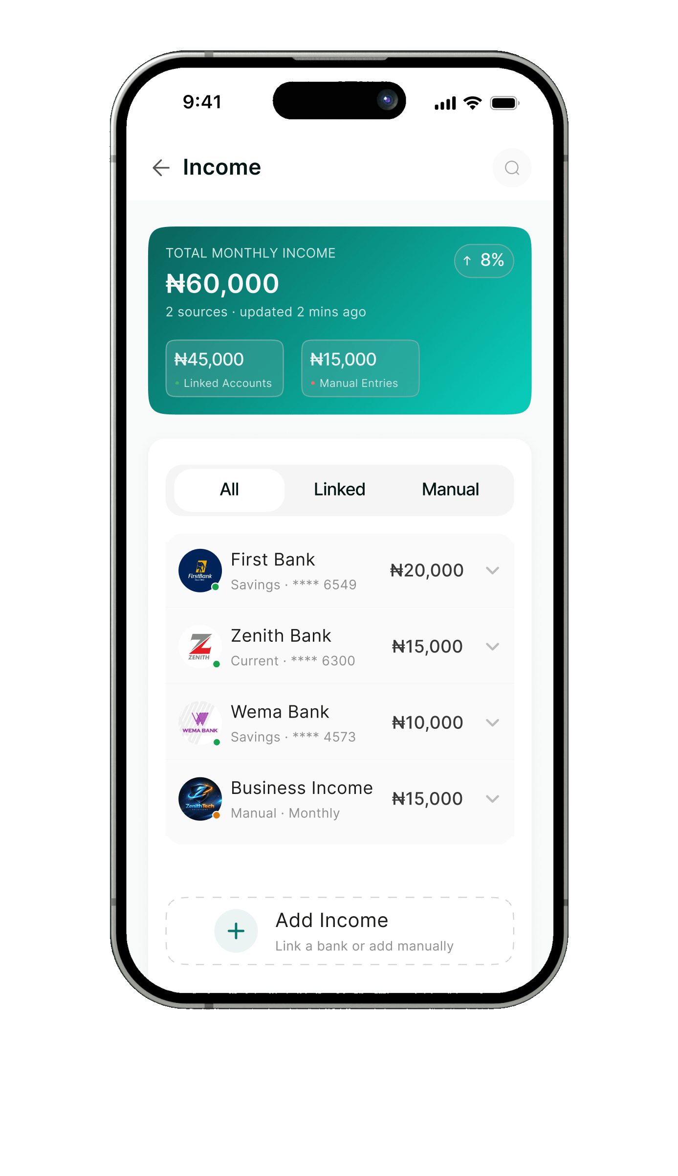 Income screen listing linked bank accounts and manual income totalling ₦60,000