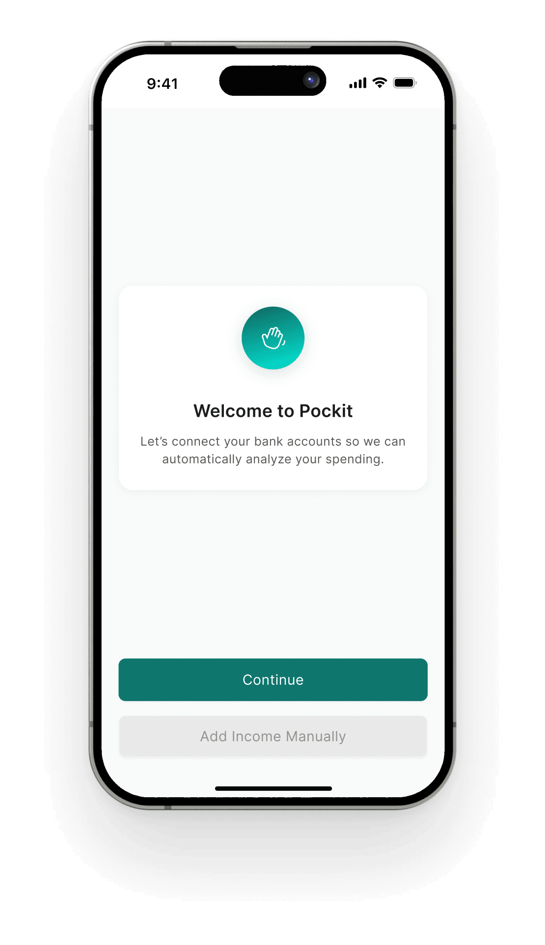 Welcome to Pockit screen with Continue and Add Income Manually