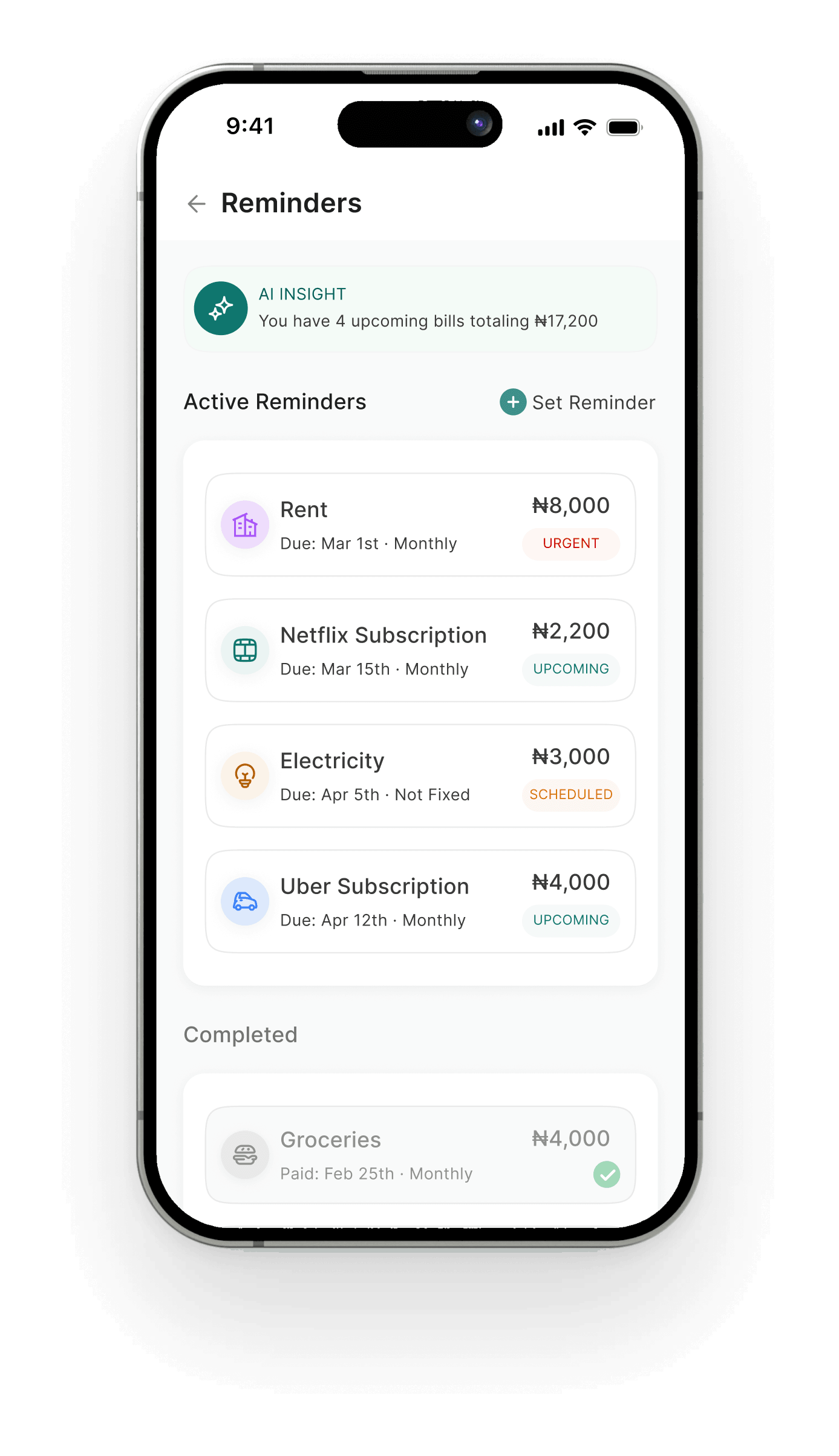 Reminders screen with upcoming bills and an AI insight