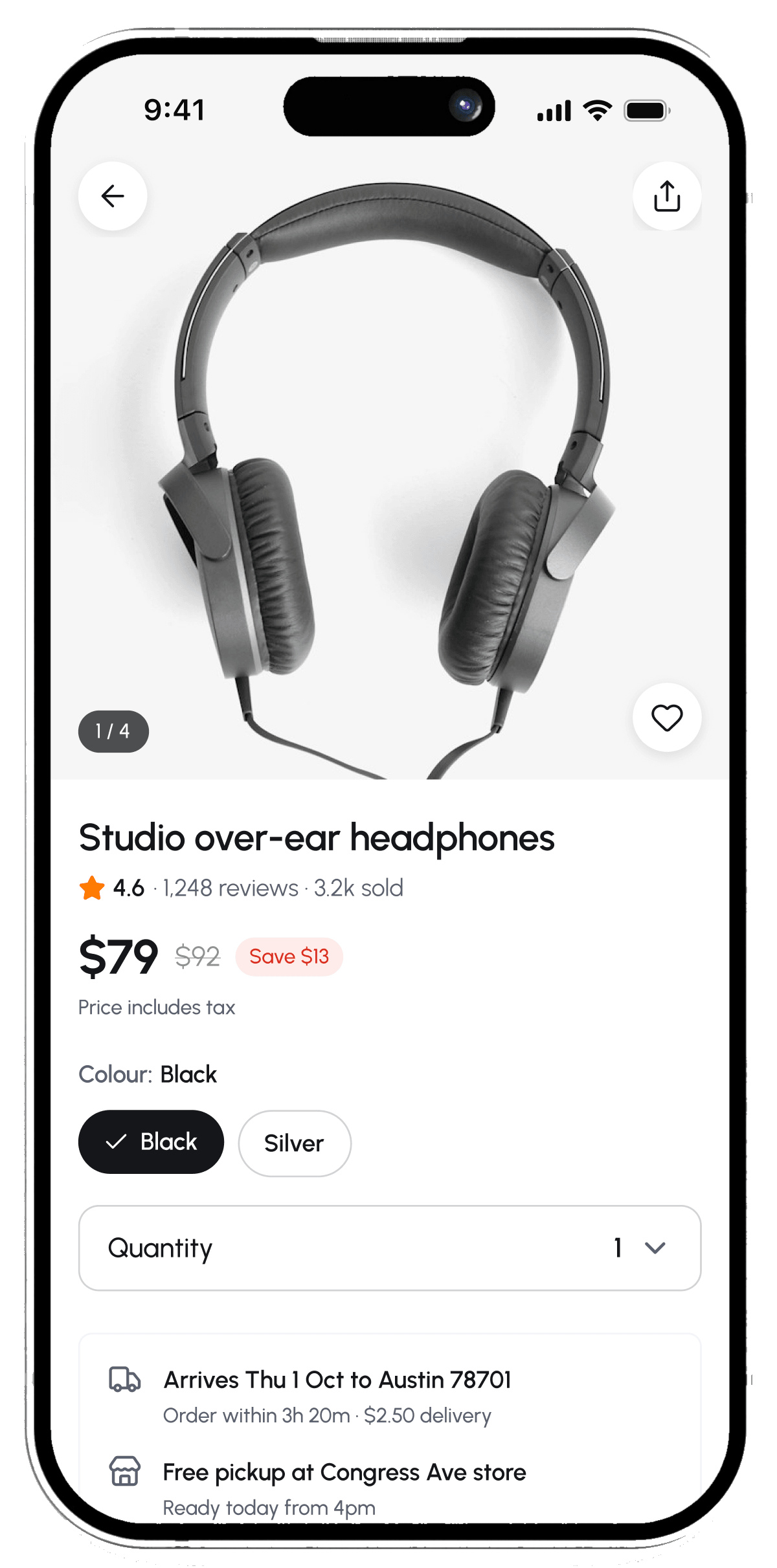 Product detail for studio over-ear headphones with price, arrival date and returns