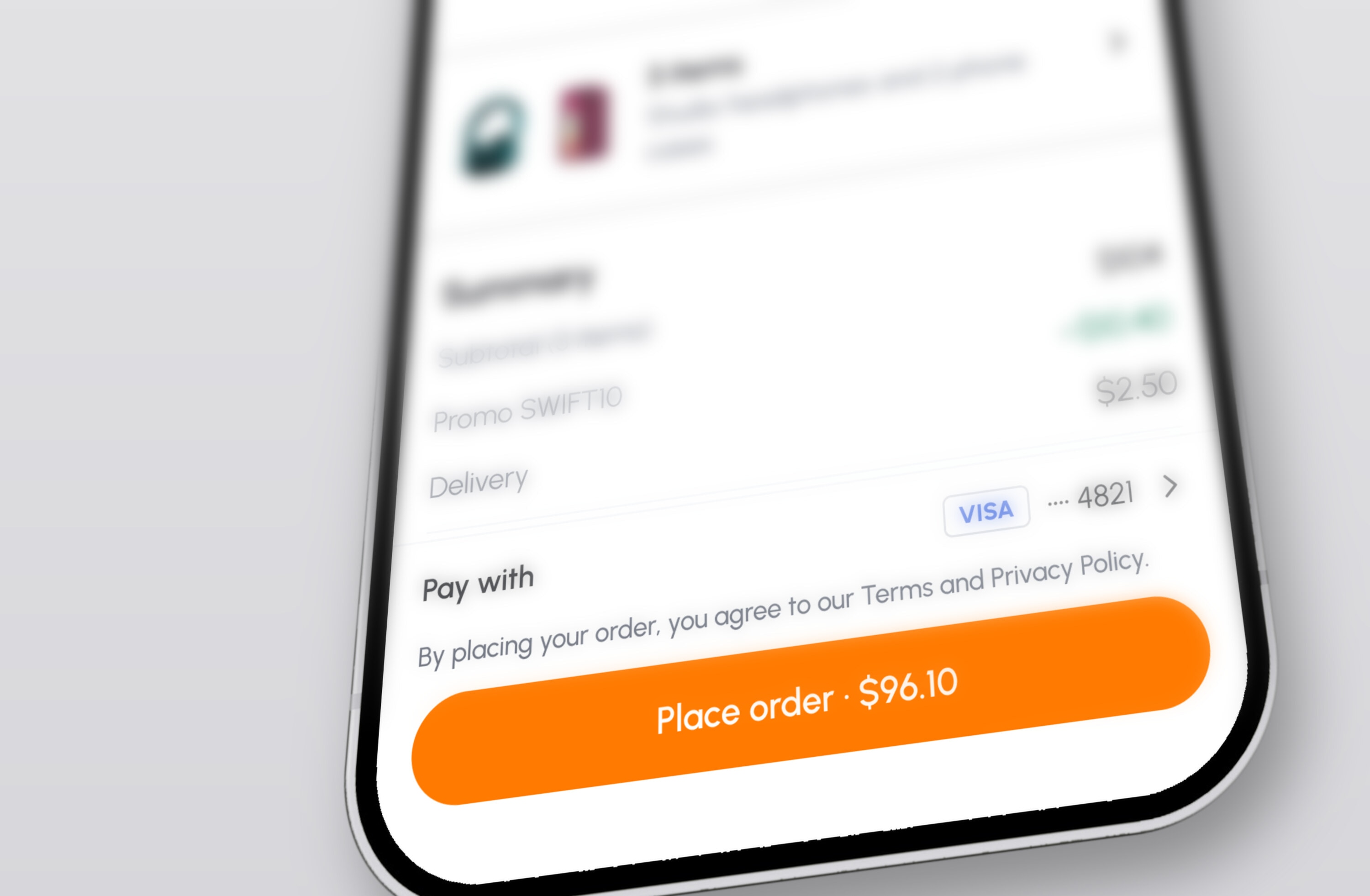 Close-up of the SwiftCart checkout screen on a phone, with the Place order button showing the total