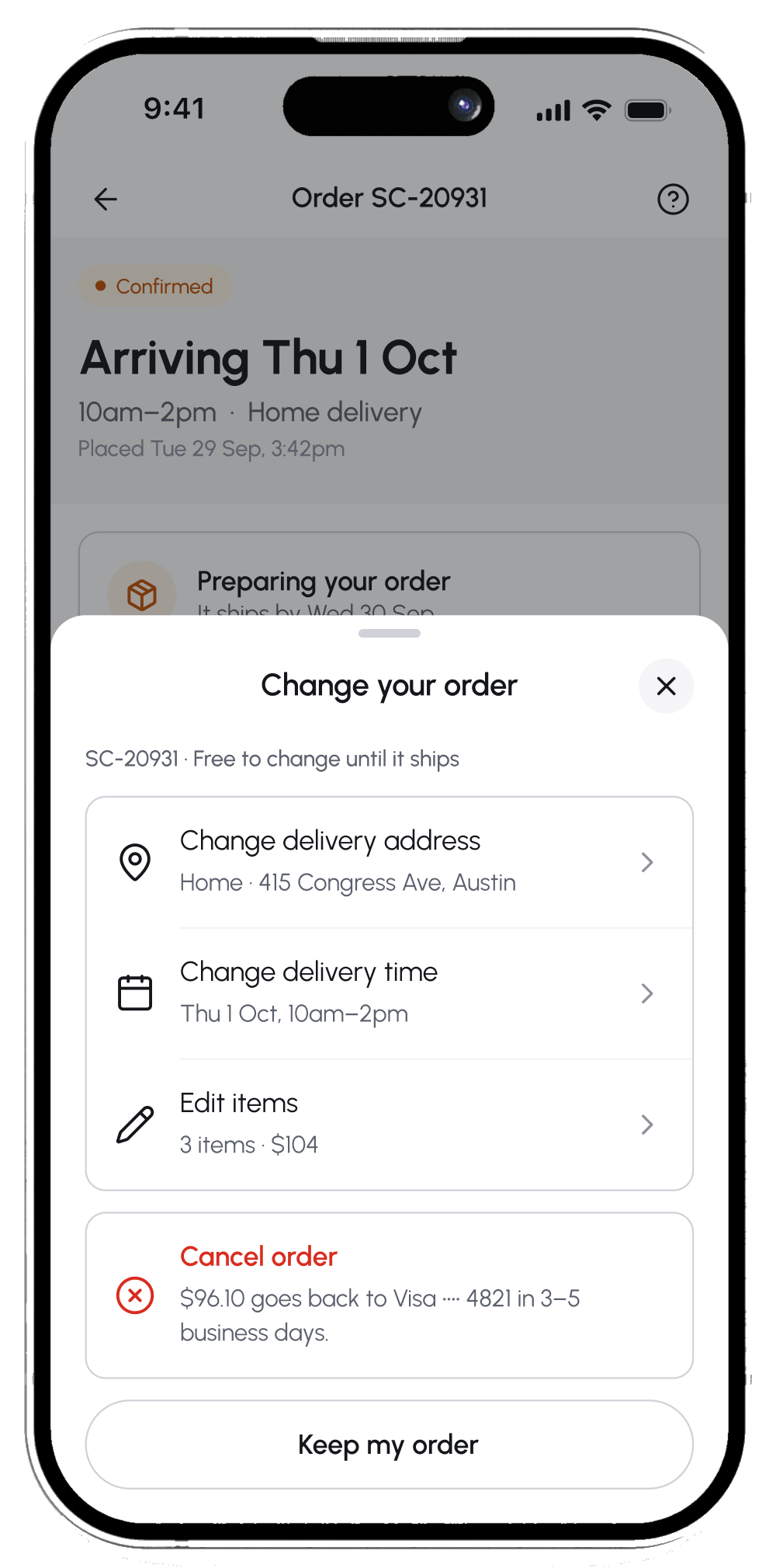 Order screen with a bottom sheet to change delivery, edit items or cancel the order