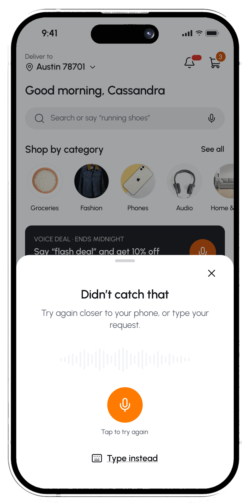 Voice sheet saying it did not catch that, with a retry mic and a type-instead option