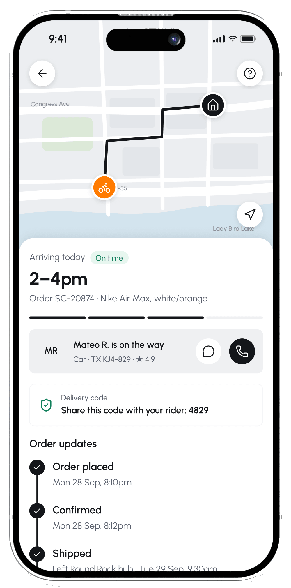 Live tracking screen with a map and arrival window