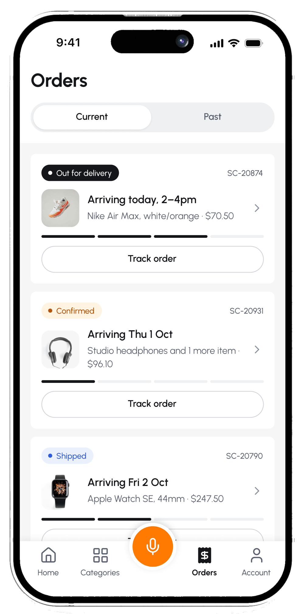 Orders screen listing current orders with status and arrival time