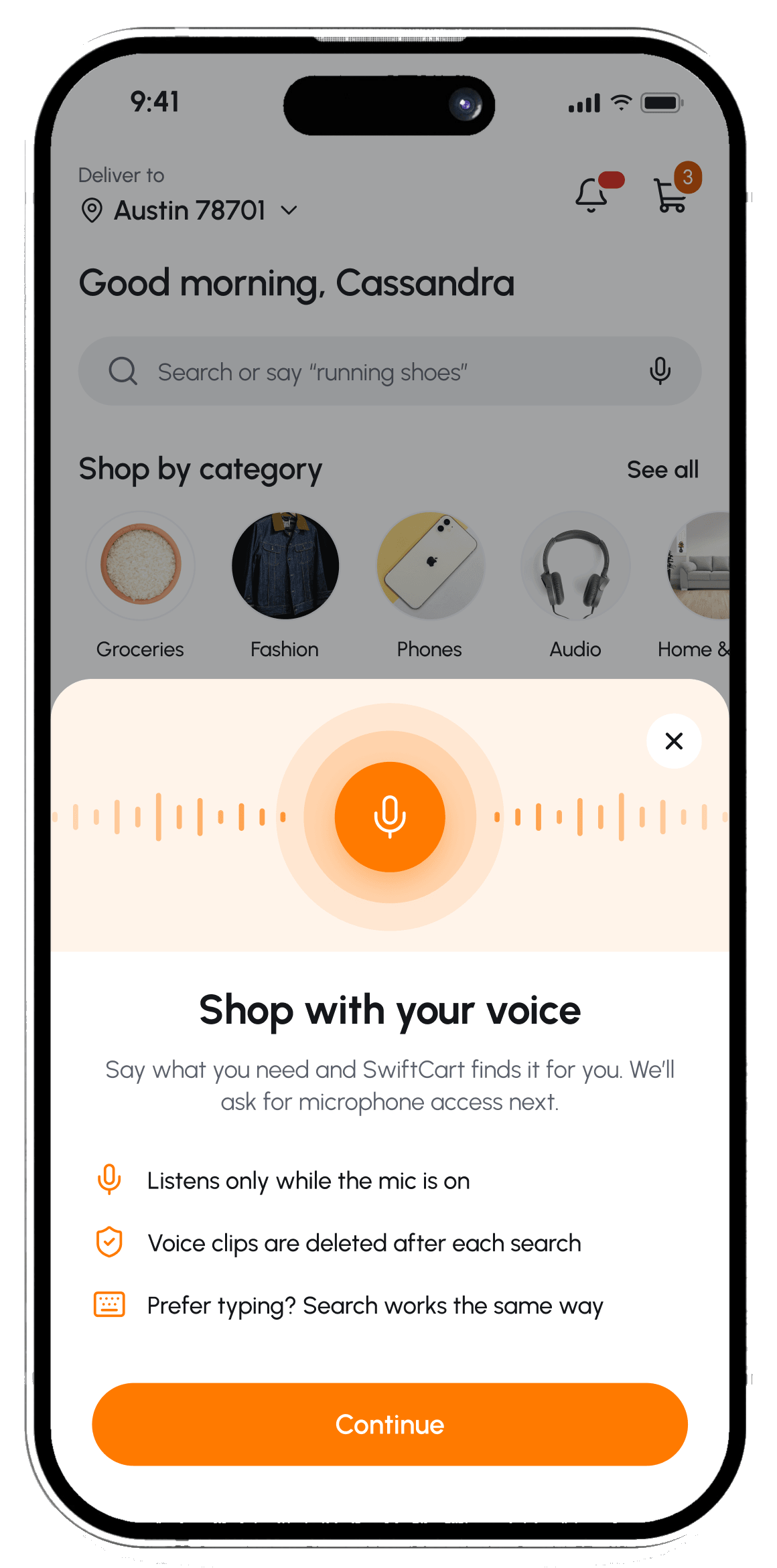 Voice permission sheet explaining why the mic is needed before it opens
